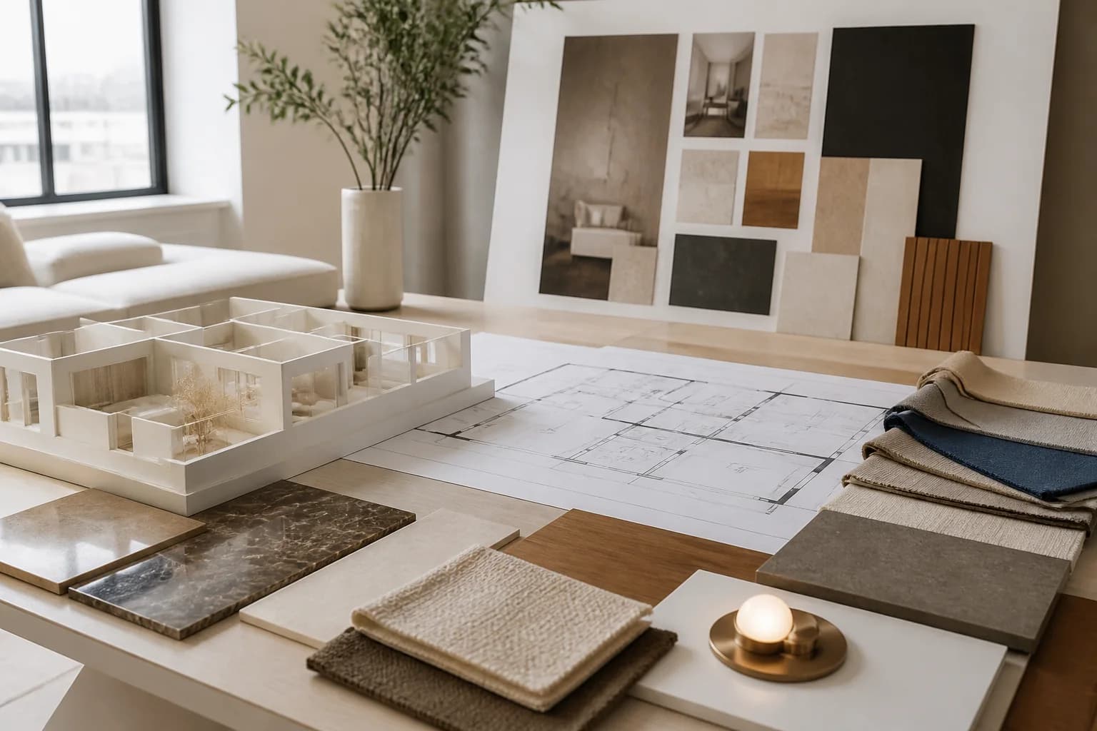 Кухня-гостиная с деревянными фасадами и мягким светом