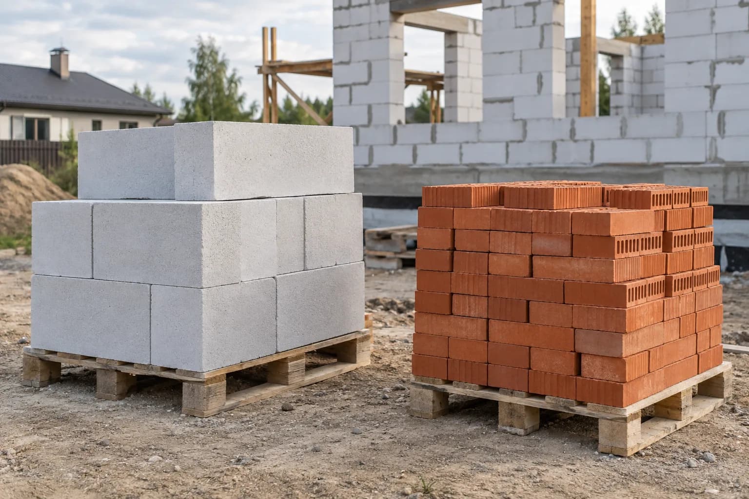Иллюстративное сравнение палет газобетонных блоков и керамического кирпича на стройплощадке